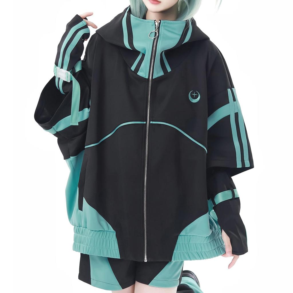 XHSUKADO Jirai-kei Hoodie Black & Green Embroidery Zip-up Size M