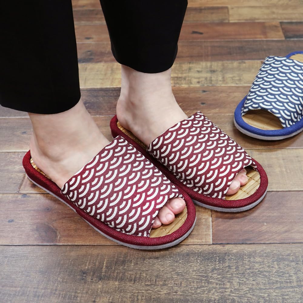 Summer Slippers with Bamboo Insole and Hemp Leaf Pattern Outer Stitching Room Shoes Fabric Japanese Pattern Cool [FASPROJECT] (Men's L/Blue) Men's
