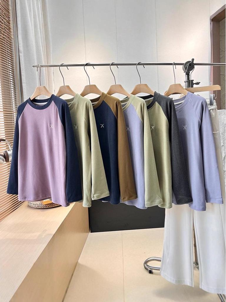 Unisex Outdoor Lightweight Color-Block Patchwork Round Neck Long Sleeve Fleece Base Layer T-Shirt