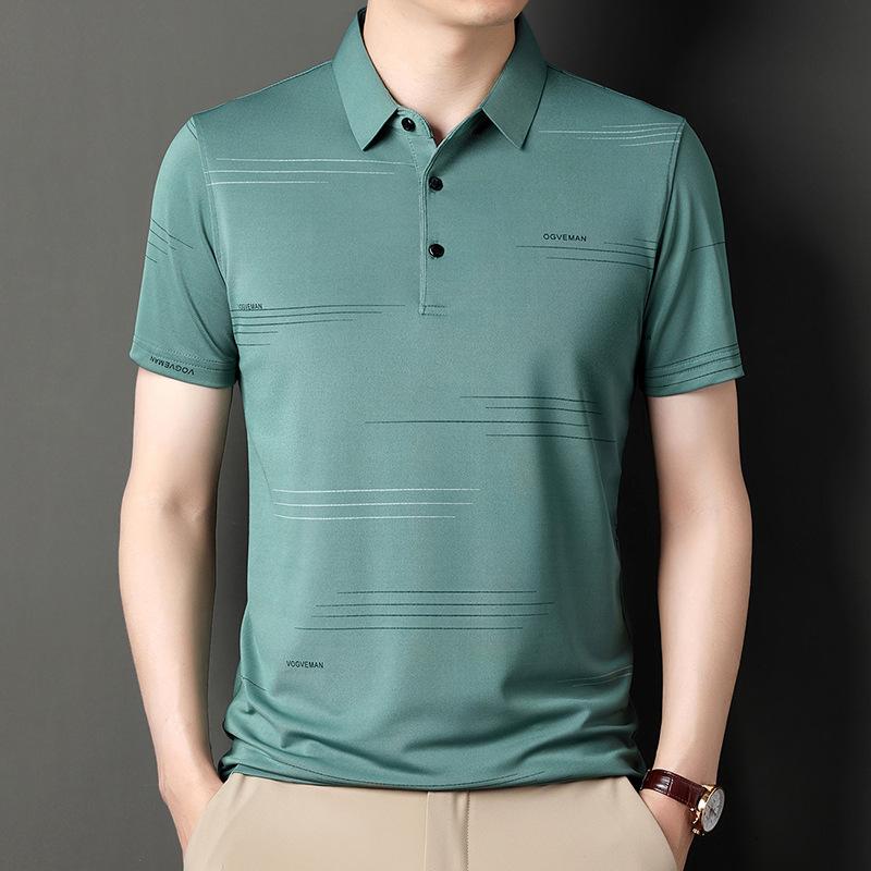 Ice Silk Short-Sleeved T-Shirt Men'S Mid-Lapel Polo Shirt Bottoming Shirt Loose Breathable Jacquard