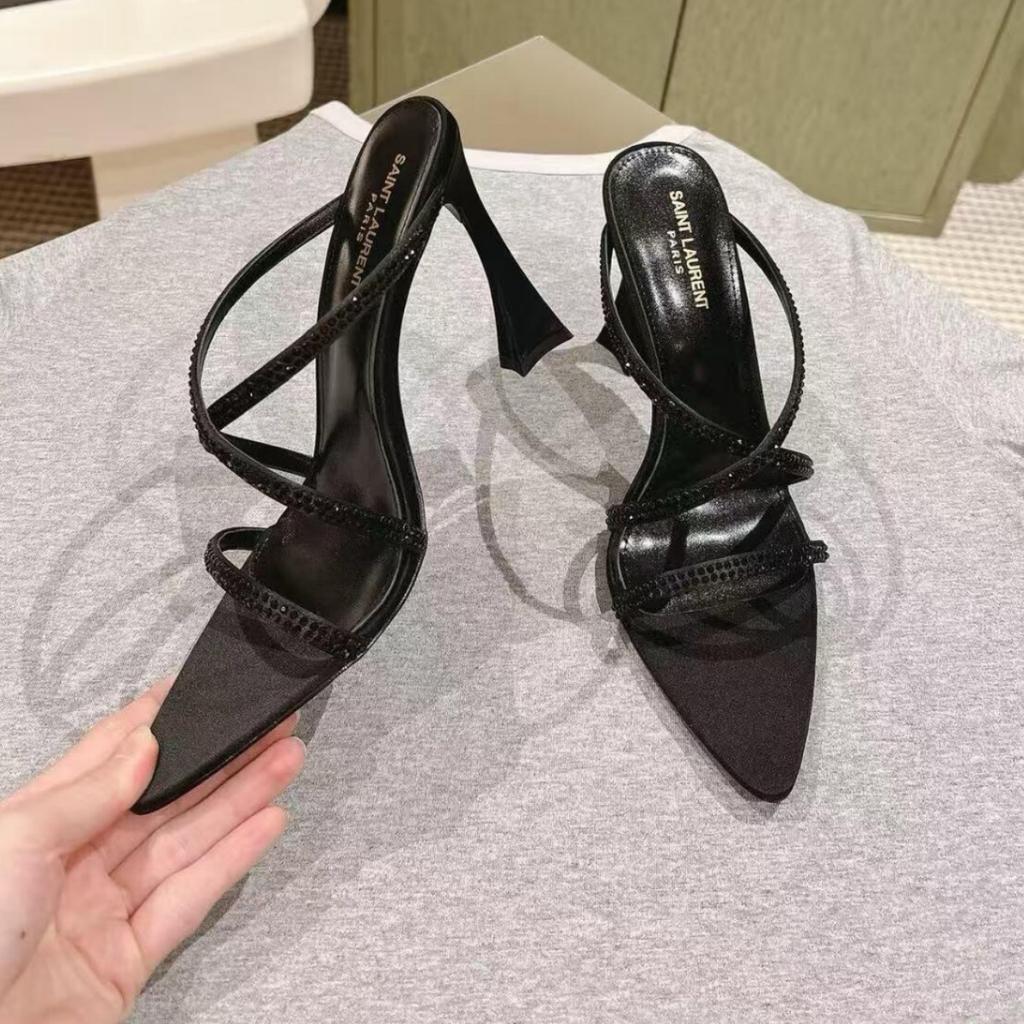 2025 Summer Cross with Open-toed Rhinestones Pointed Heels Wear Cool Slippers Female Royal Sister Style Sexy High-heeled Sandals
