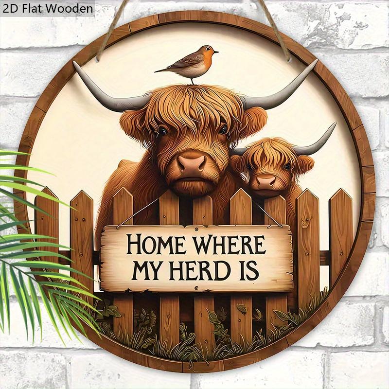 Wooden Welcome Sign with Highland Cattle Design - Rustic Decorative Plaque for Farmhouse, Front Door, Porch Decor - Ideal Gifts for Family