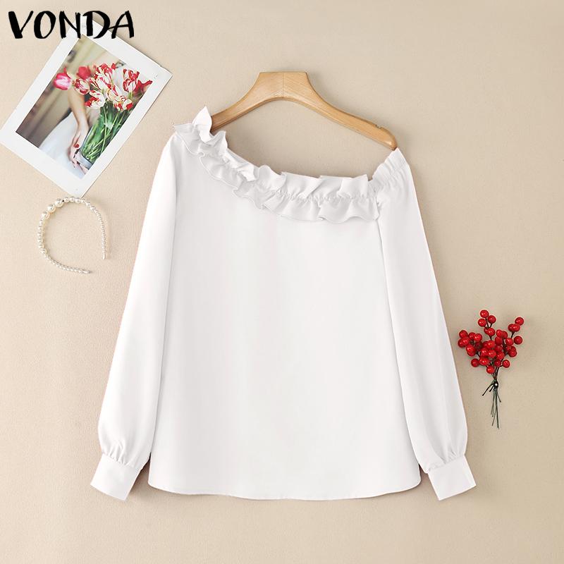VONDA Women Long Sleeve One Shoulder Ruffled Patchwork Casual Blouse Shirts