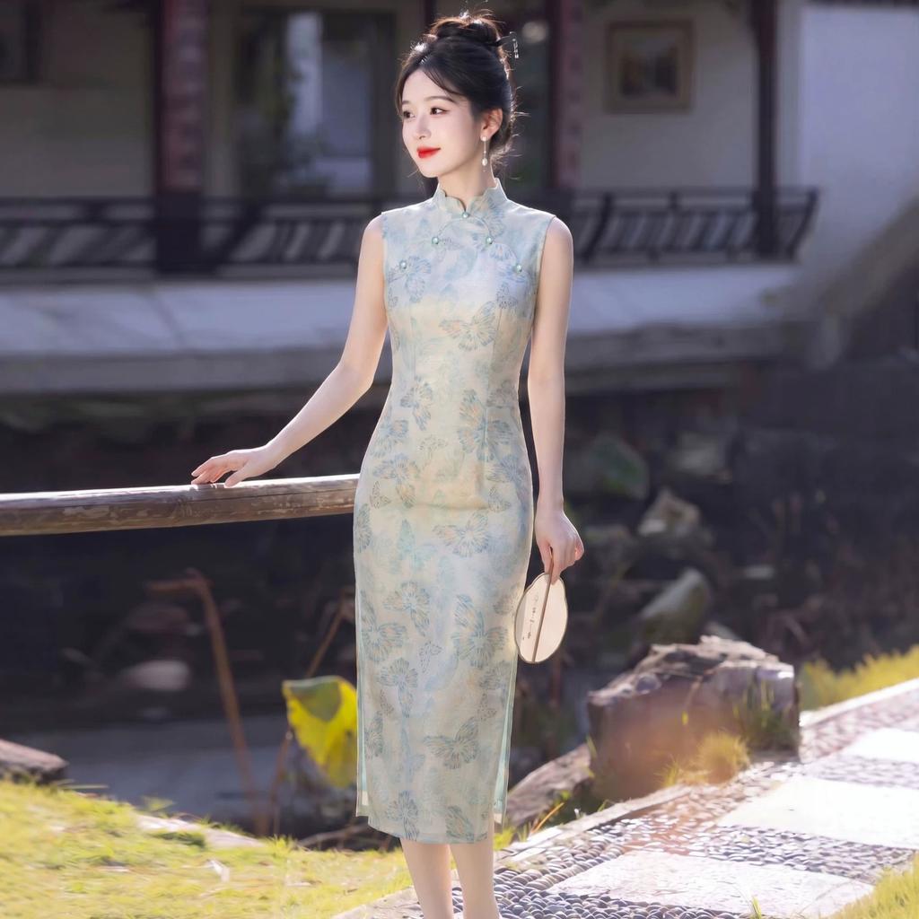 New Chinese national style blue high-end modified cheongsam 1011 new temperament thin daily texture summer dress