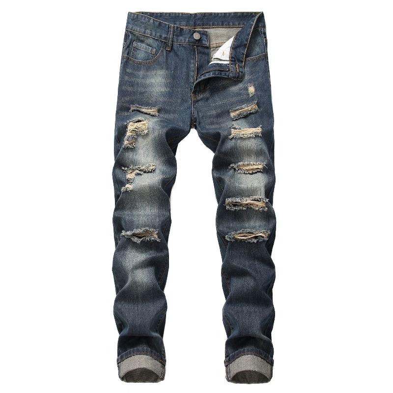 Men's Distressed Straight-Leg Slim-Fit Non-Stretch Denim Jeans Ripped Long Pants