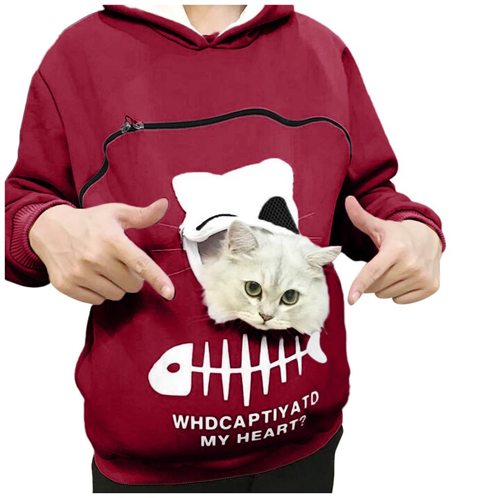 Women’s Sweatshirt  Pouch Hood Tops Carry Cat Breathable Pullover Blouse