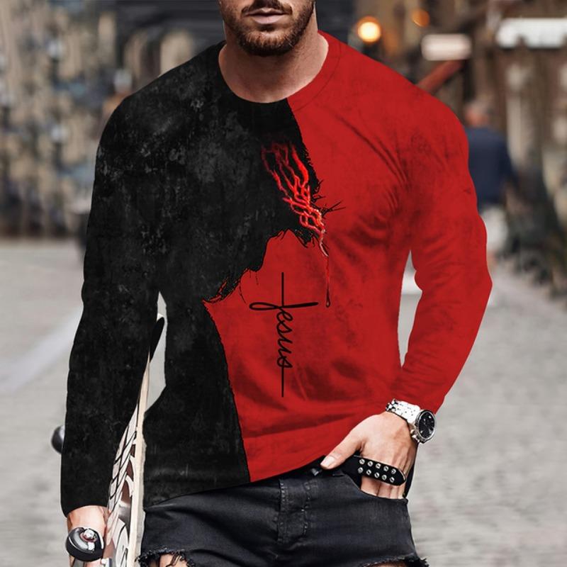 Mens T Shirt Autumn Long Sleeve Top Lion Pattern Clothing Casual O Neck Oversized Cross Print Pullover Autumn Mens T Shirt