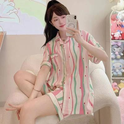 Strip Print Sleepwear Women Pajama Sets Korean Fashion Summer Piiama 2 Night Wears for Sleeping Student Cute Home Suit