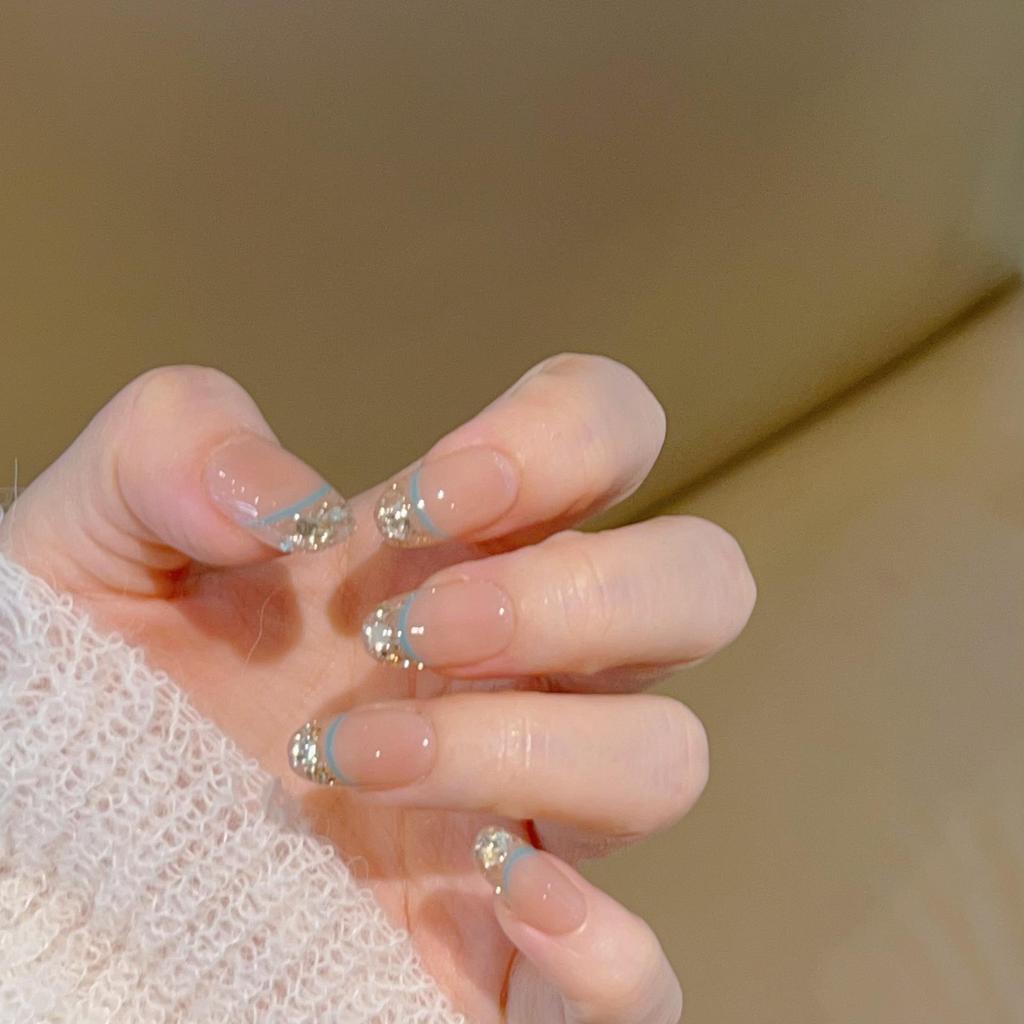 Sea Salt Blue Nude French Nails with Micro-Diamond Sequins - Handmade Wearable Set J32, Includes Box and Tool Kit