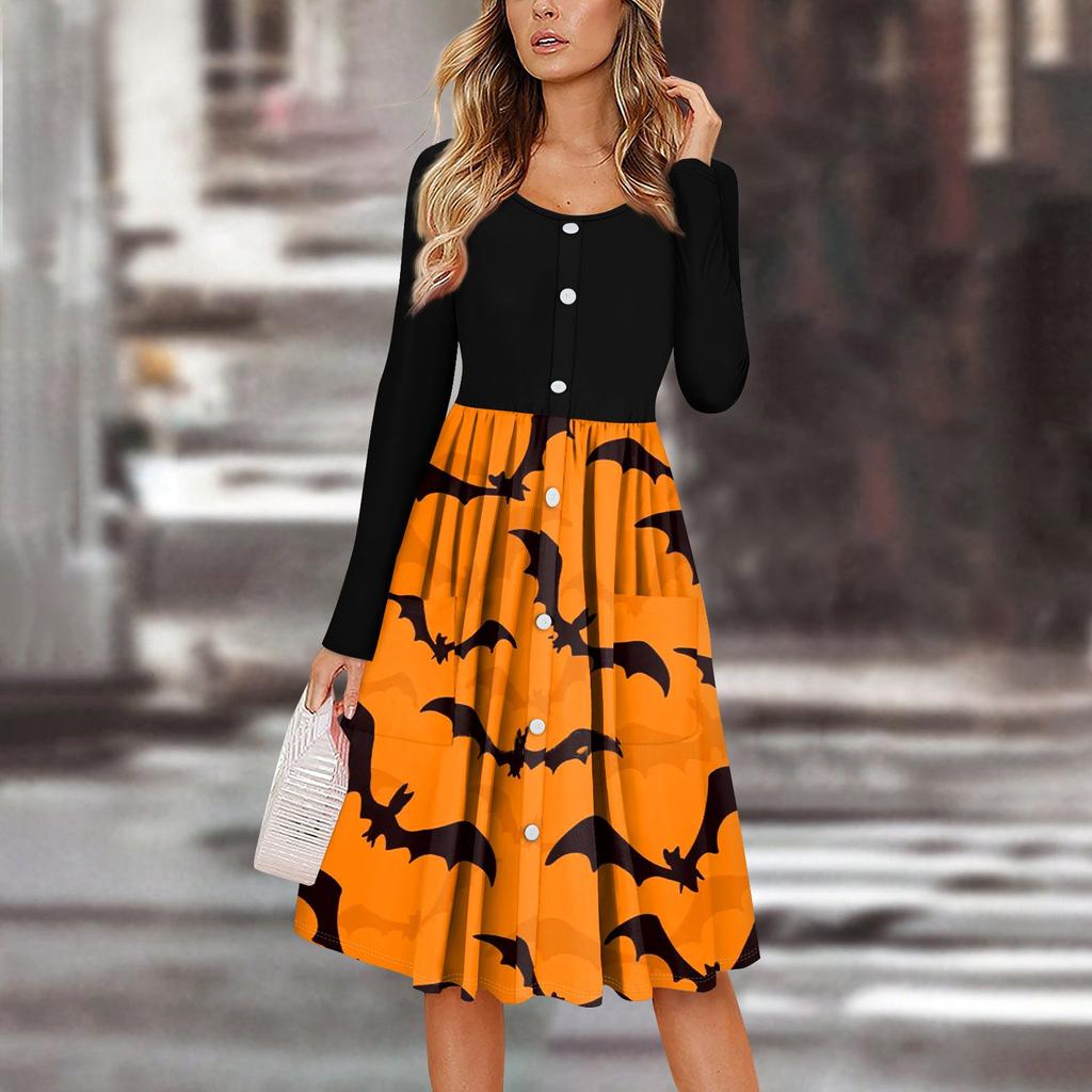 Women's Casual Fashion Sexy Comfortable Sundress Button Long Sleeves With Pockets Halloween Printed Dress