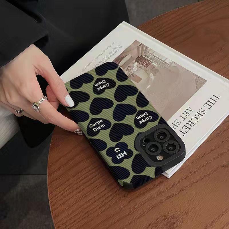 Custodia Color Verde Carina alla Moda con Disegni Cuore d'Amore per iPhone XR XS X 7 8 Plus 11 12 13 14 15 Pro Max Mini SE Copertura Semplice in Silicone