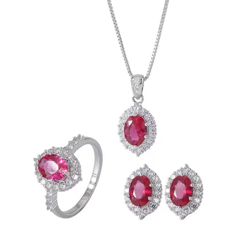 Pigeon Blood Red Gemstone Set: Elegant Ring, Earrings & Necklace with Versatile, Niche Design.