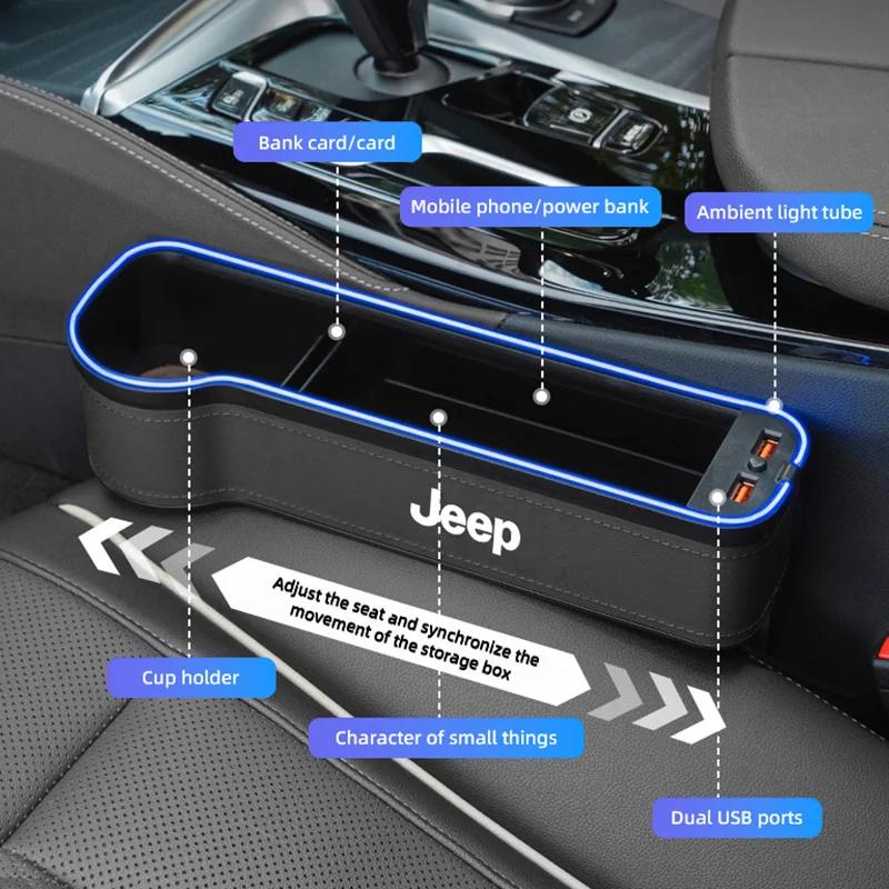 For Jeep Car LED Lights Seat Gap Storage Box Cup Holder With USB Charging For Jeep Grand Cherokee Wrangler JK Gladiator Compa