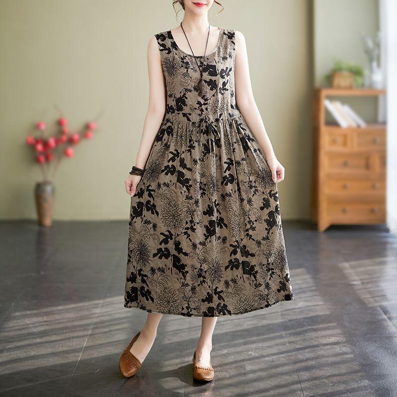 Abiti Estivi Vintage Stampati da Donna Senza Maniche Moda Ampi Vacanza Spiaggia Abito Sottile Eleganti Vestidos Robe Femme