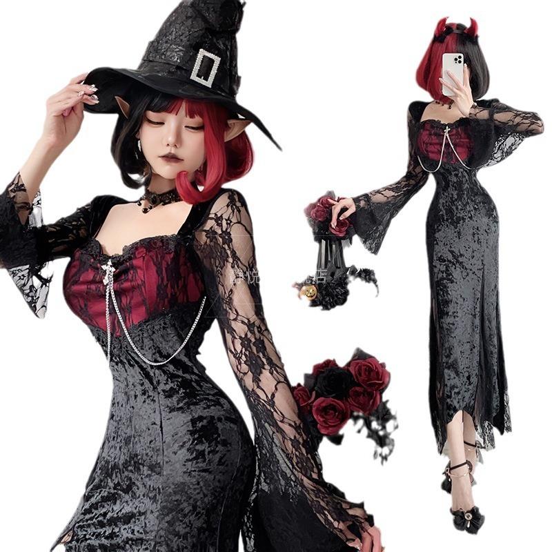 Dark goth halloween costume black dress witch long dress vampire bride outfit wind