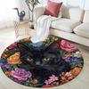 Black Cat Floral Round Area Rug,Carpet Rug for Living Room Bedroom Sofa Playroom Decor,Non-slip Floor Mat