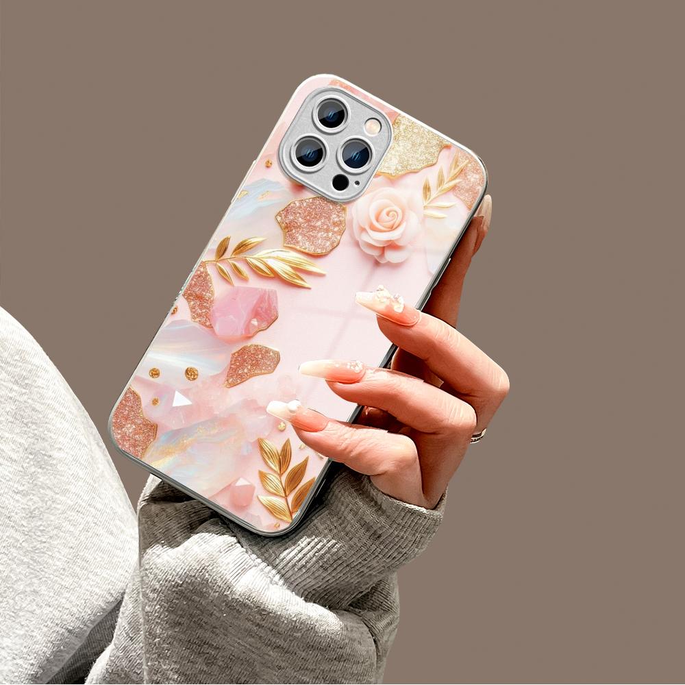 Pearl Pink Flower Phone Case Metallic Lacquer Tempered Glass Shockproof Cover for iPhone Samsung Huawei Honor Xiaomi Redmi OPPO Realme OnePlus Vivo