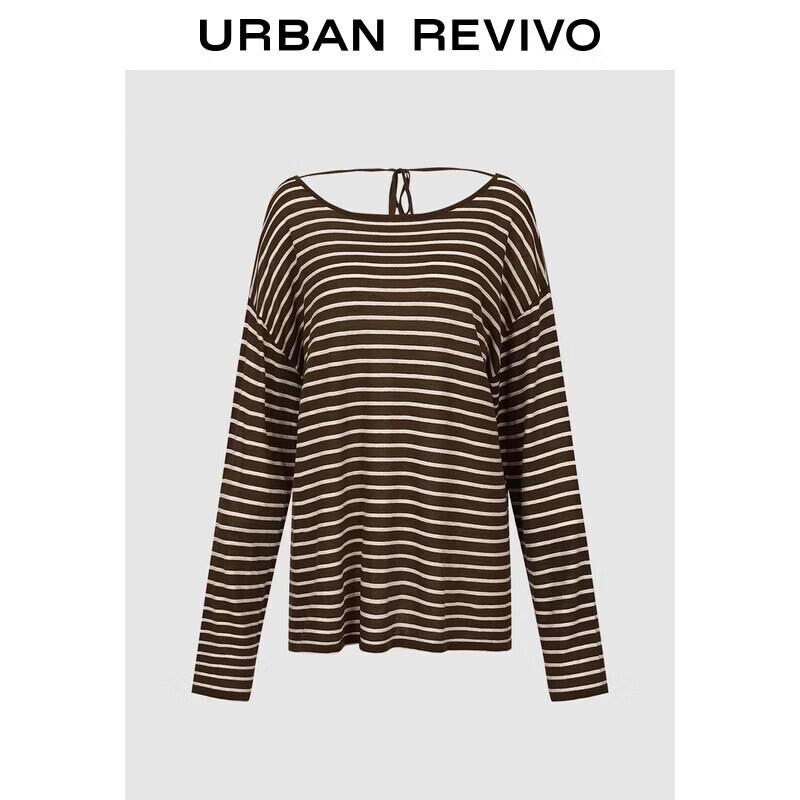 UR2026 Women s Casual Color-block Stripe Tie-neck Knit Top S