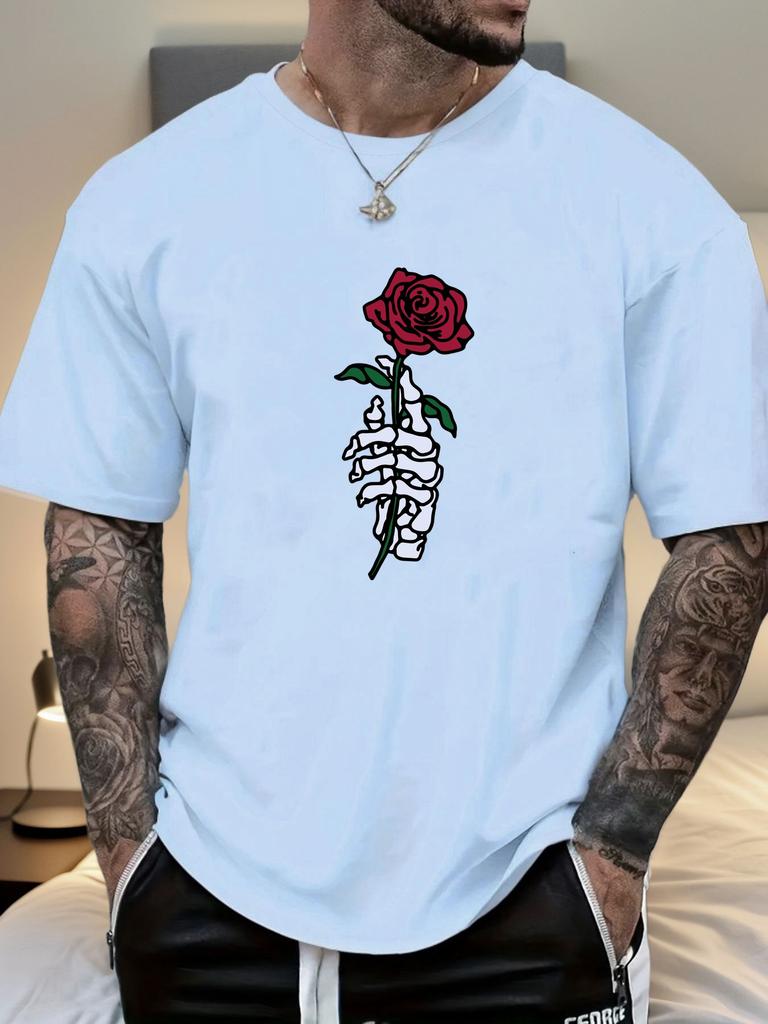 2025 Summer Essential Mens Tee Edgy Artistic Vintage Inspired Goth Skeleton Hand Rose Print 100 Cotton Short Sleeve Casual Top