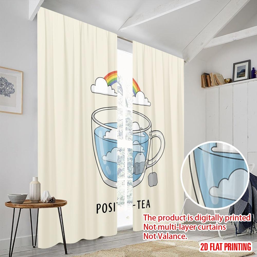 2pcs 2D Flat Printing Window Curtains Positivitea Rainbow Clouds Mug Polyester Without Electricity Festive Holiday Perfect for