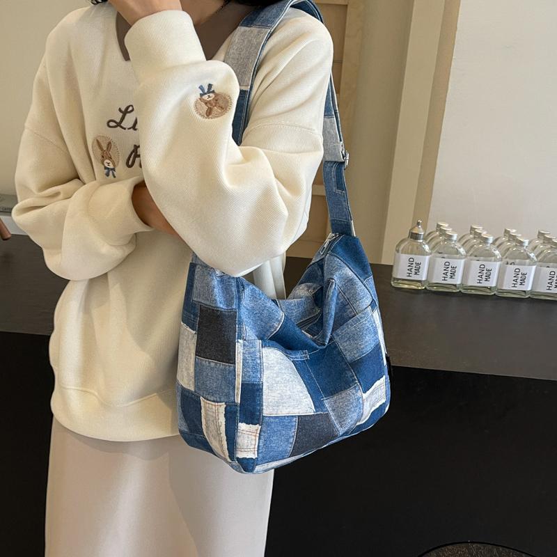 Große Kapazität Damen Denim Umhängetasche Patchwork Student Pendler Schultertasche