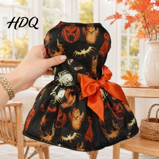 Pet Princess Skirt Funny Halloween Dog Dress Pumpkin Bat Spider Ghost Print Festive Costume for Photos Apparel Puppy with Bow Small Dogs Cats Soft