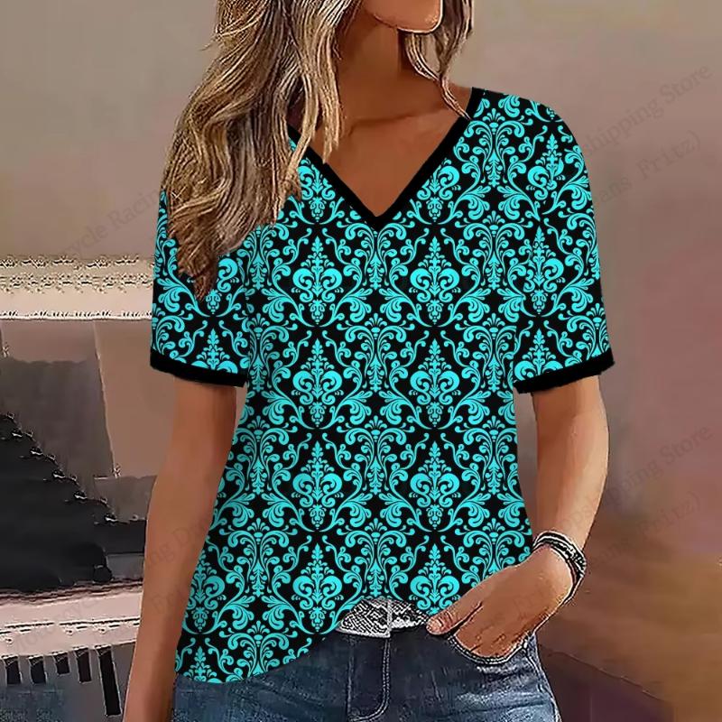 

Vintage Ethnic Style 3d Print Gradient T-shirt Women Fashion V-Neck Short Sleeve Oversized Casual Tops Tees Female Clothes Y2K XL