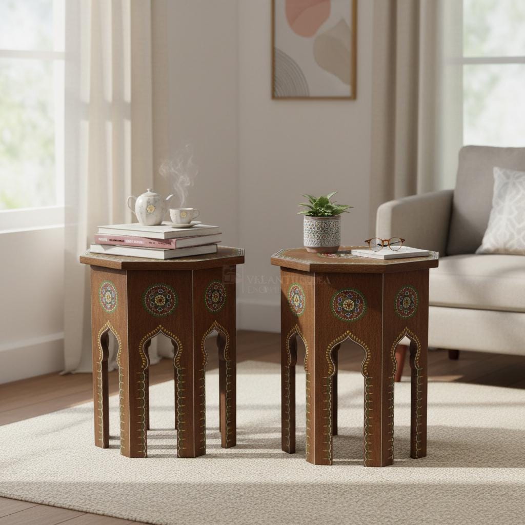 Hand-Painted Moroccan Octagon Side Tables (Set of 2) Decorative Coffee Table Accent Tables | Wooden Side Tables (Pair), Central Painted