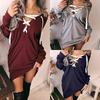 Women Sexy Lace Up Bandage Deep Off Shoulder Hoodies With Long Loose Pullover Sleeves
