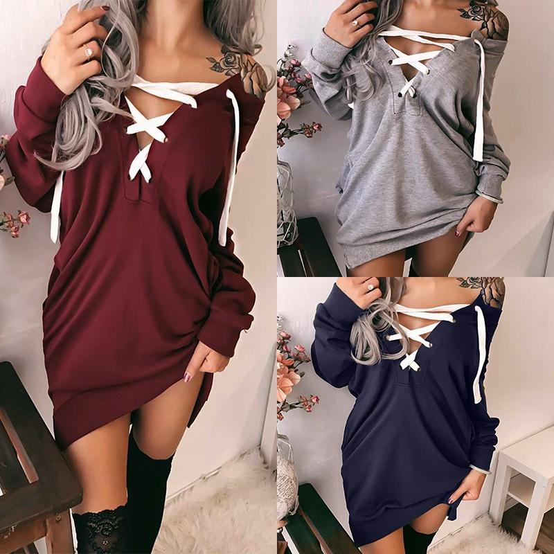 Women Sexy Lace Up Bandage Deep Off Shoulder Hoodies With Long Loose Pullover Sleeves
