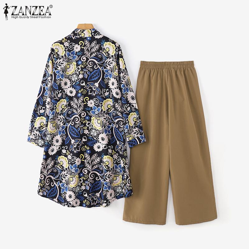 ZANZEA Women Spring Shirt Collar Long Sleeve Printed Shirt Straight Pants Two Piece Sets