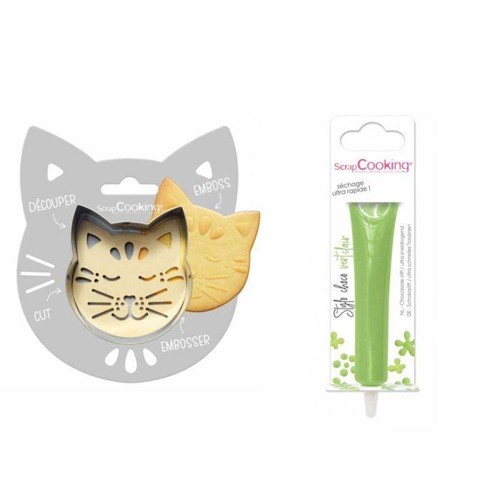 Kit pour biscuit en relief Chat + Stylo au chocolat vert clair