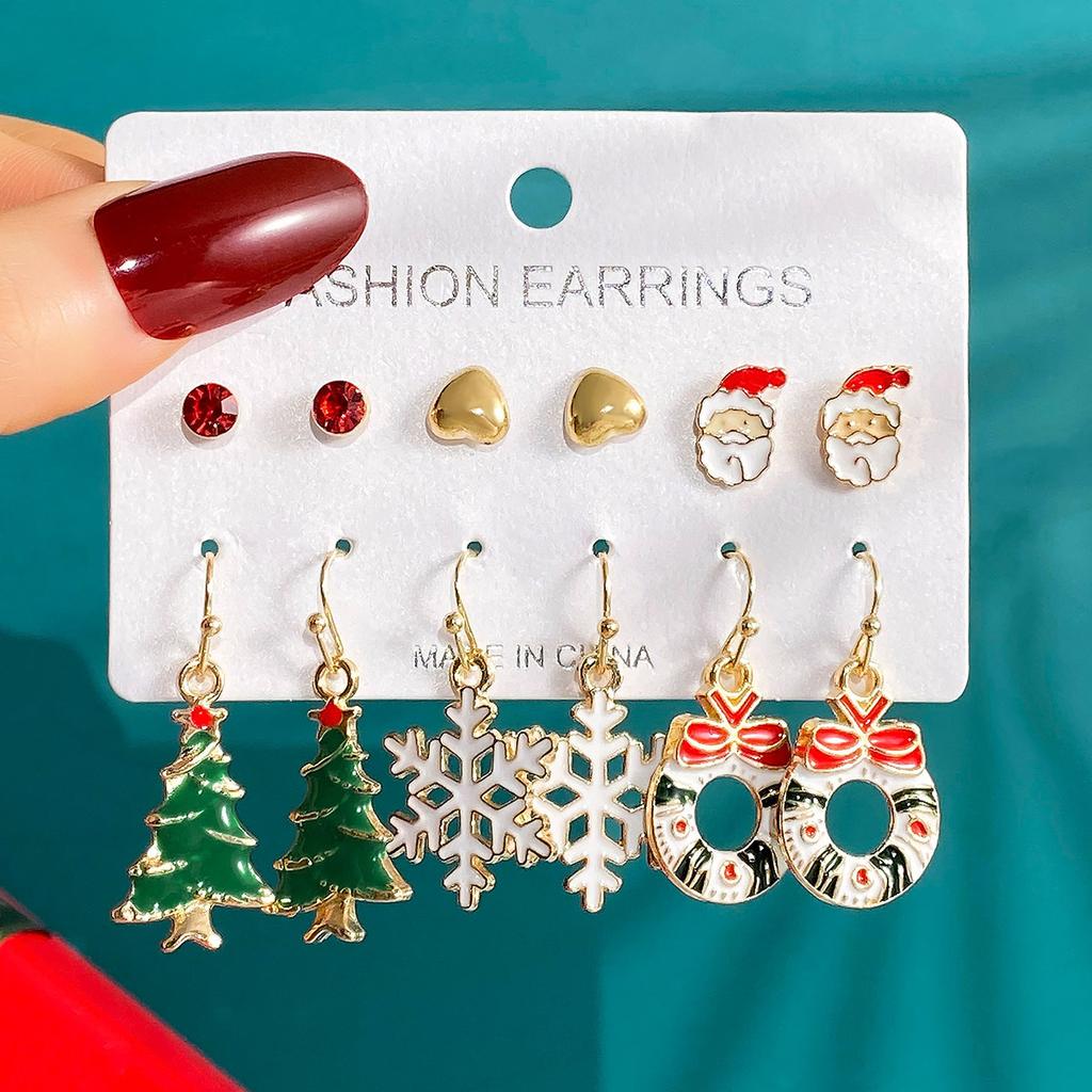 6 Pairs Christmas Set  Cartoon Dripping Oil Elk Santa Claus Christmas Tree Earrings for Women