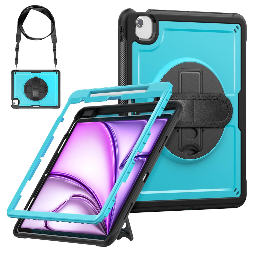 For iPad Air 13 (2025) M3 A3268/(2024) M2 Case Kickstand PC + TPE Tablet Cover with Hand Strap and Shoulder Strap