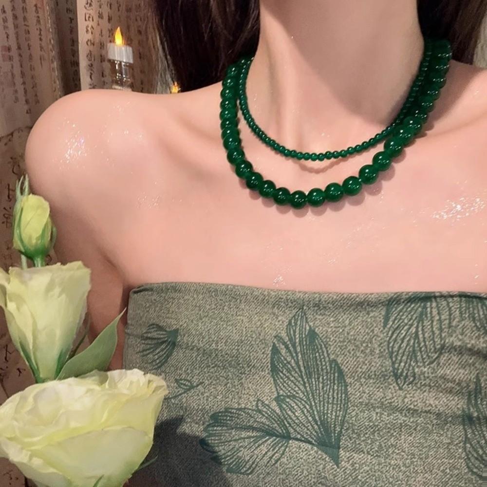Glass Choker Necklace Round Collarbone Chain New Green Beads Necklace Jewelry