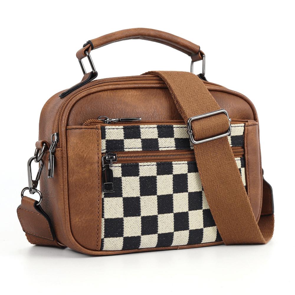 Chessboard Double Zipper Handle Fashion Crossbody One Shoulder Handbag