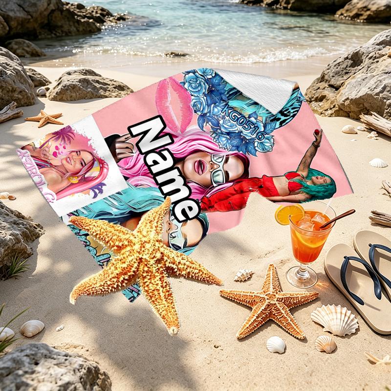 Custom Name Personalized Karol G Print Beach Towel, for Trip Camping Beach Party Home Decor, Birthday Gift for Family & Friends