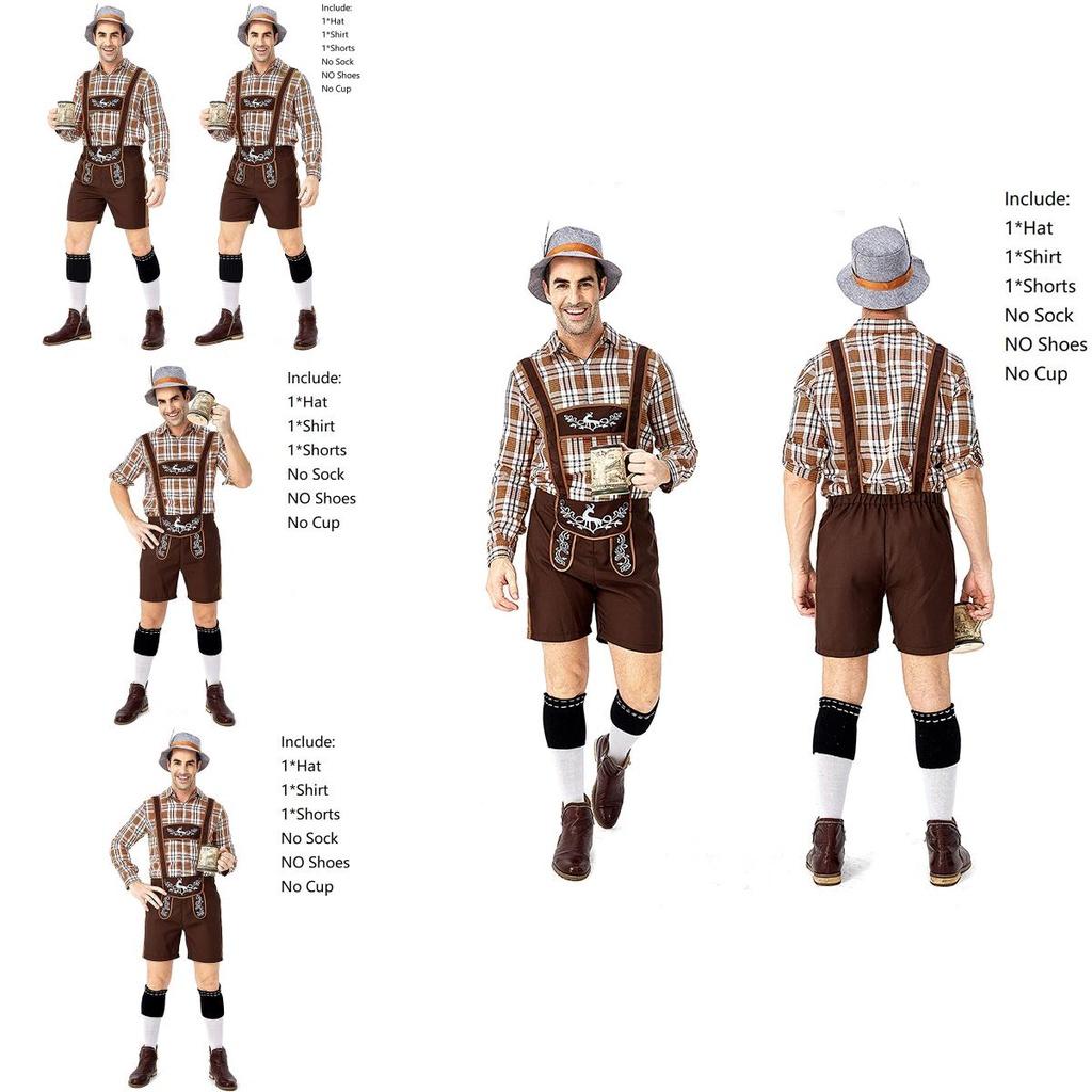 Stylish German Oktoberfest Clothing Men Fawn Print Khaki Plaid Costume Set