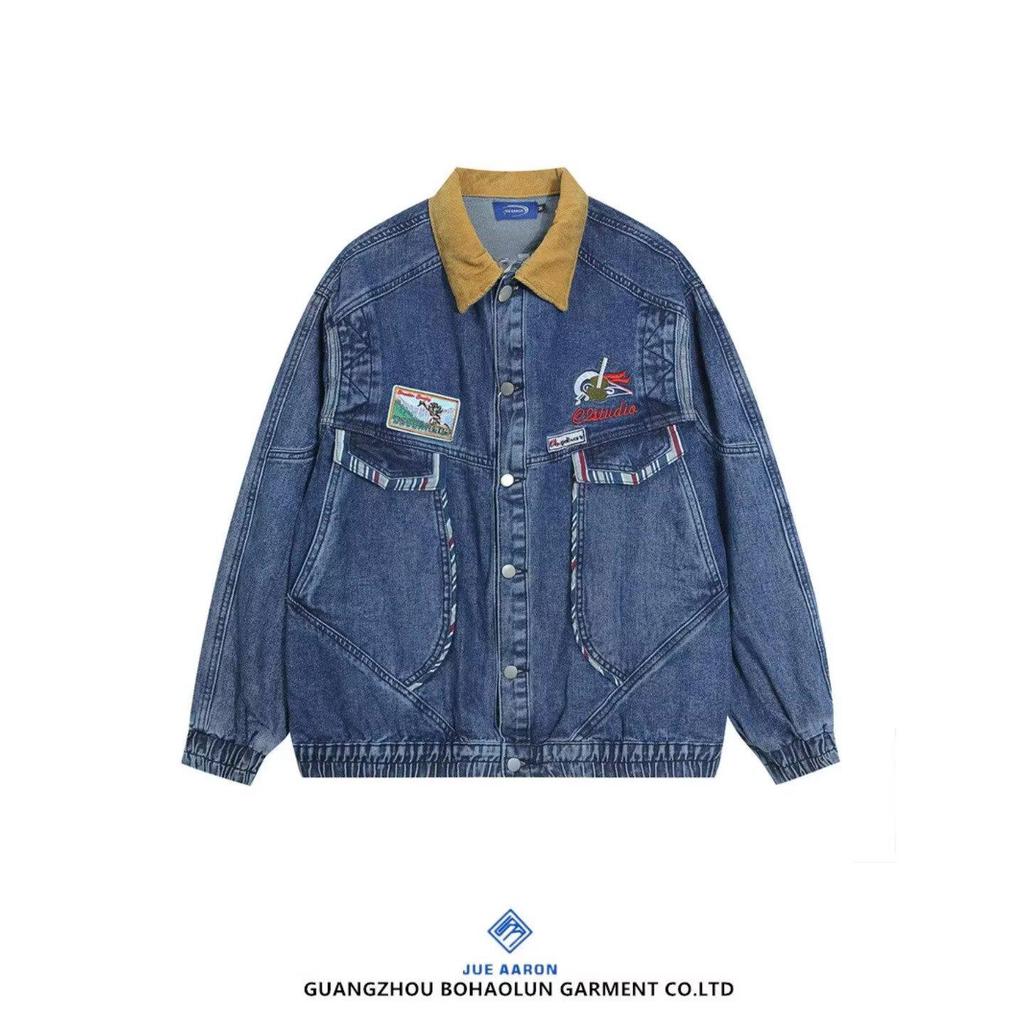American Retro Color Block Lapel Denim Jacket - Trendy Motorcycle High Street Style