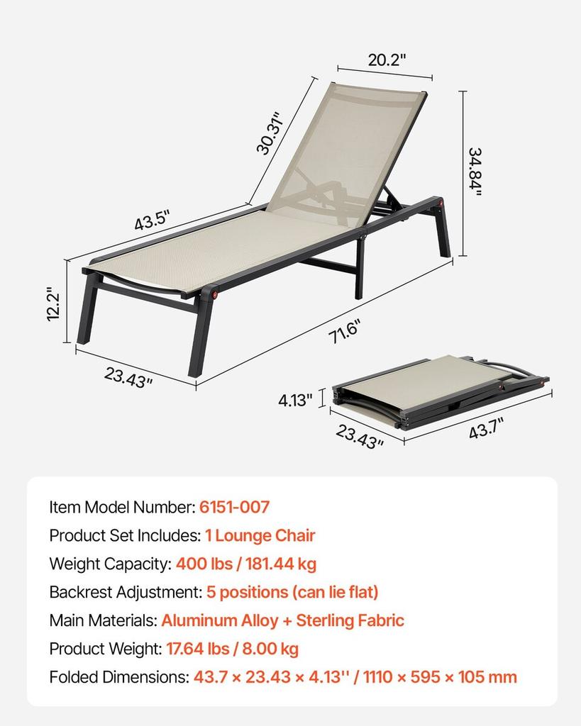 Outdoor Chaise Lounge Chair, 181 kg Weight Capacity, Foldable Sun Tanning Chair, 5 Adjustable Positions, Easy Assembly, Heavy Duty Aluminum Pool