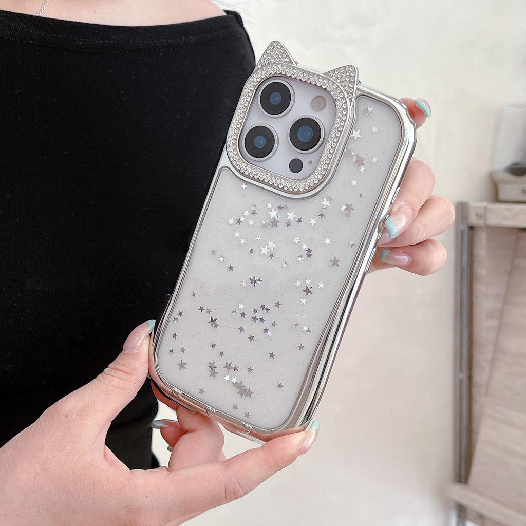 For IPhone16ProMax Flash Diamond Phone Case for Apple15 Cute Cartoon Cat Ears 14 Electroplating Protective Case