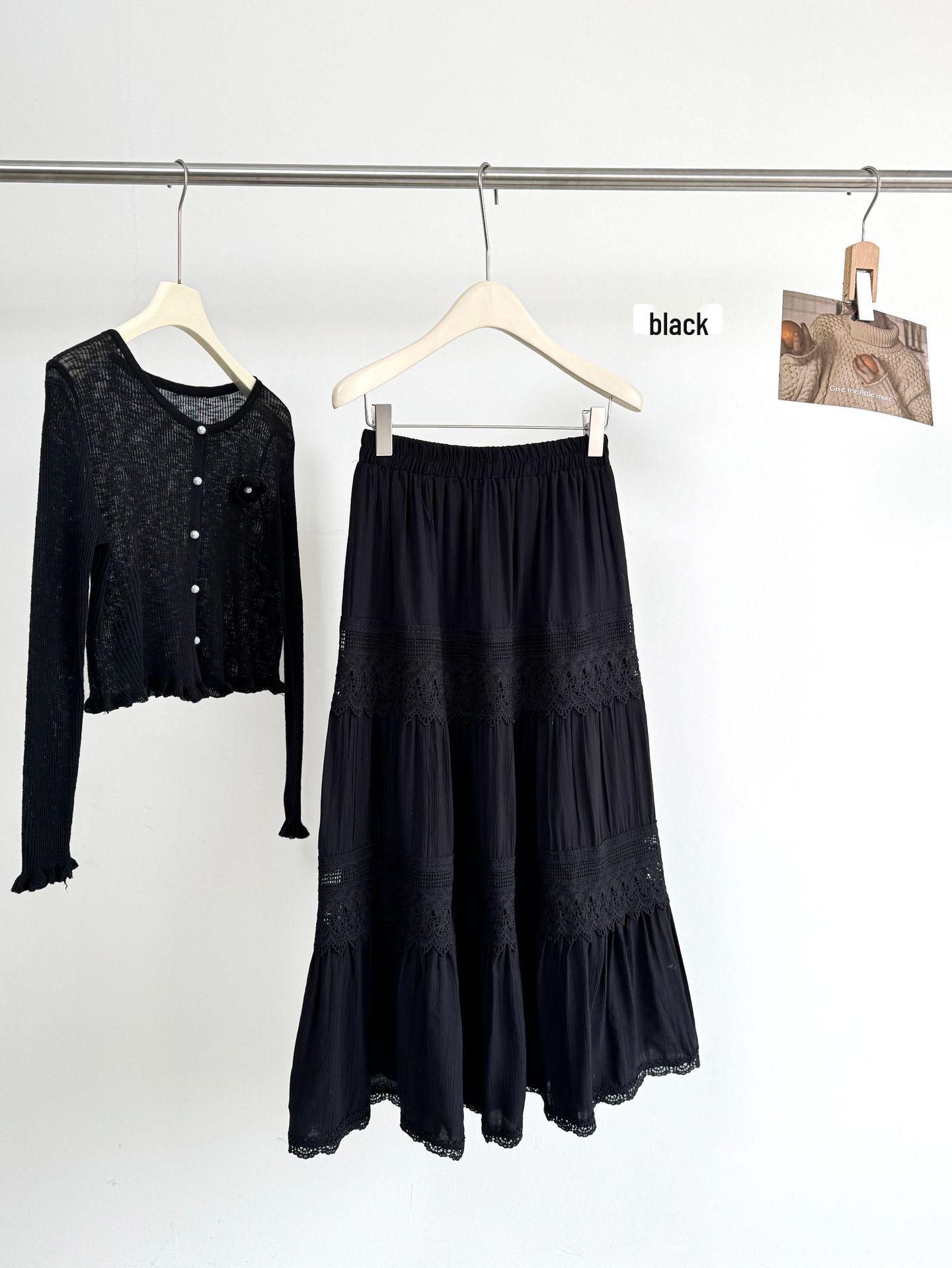 

2026 Spring/Summer Gentle Style Girly A-line Layered Skirt with Lace Trim & Elastic High Waist One Size чорний