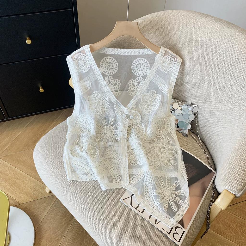 DIMANAF 2025 New Short Vest T-Shirt Women Sleeveless Buttons Knitting Lace Vest V-Neck Summer Style Basic Tops Tees