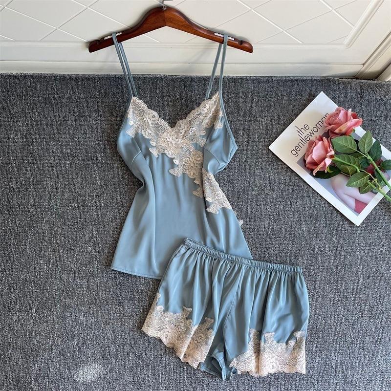 Japanese sexy suspender pajamas women's shorts two-piece set lace lace thin summer ice silk new loungewear
