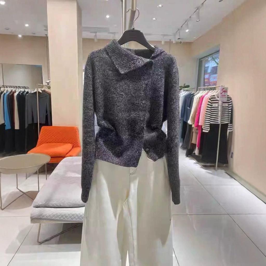 Women's Asymmetrical Button-Up Wool Cardigan - Soft High Neck Knit Sweater for Autumn and Winter Layering