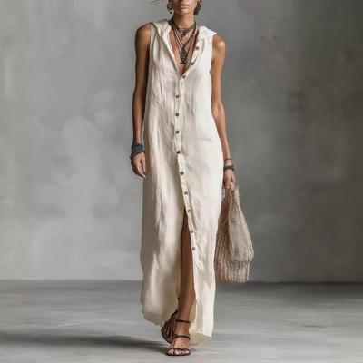 Summer New Breasted Dress Sleeveless Hooded Long Dress Women's Clothing