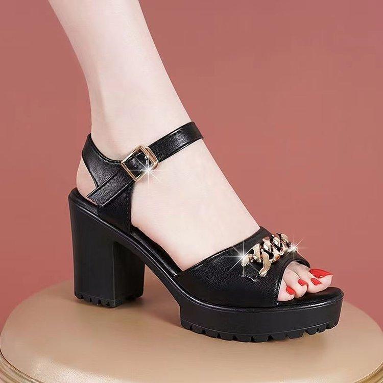 

Leather sandals women s 2025 summer new women s sandals fish mouth fashion high heel waterproof table one-word buckle thick heel women s shoes 40