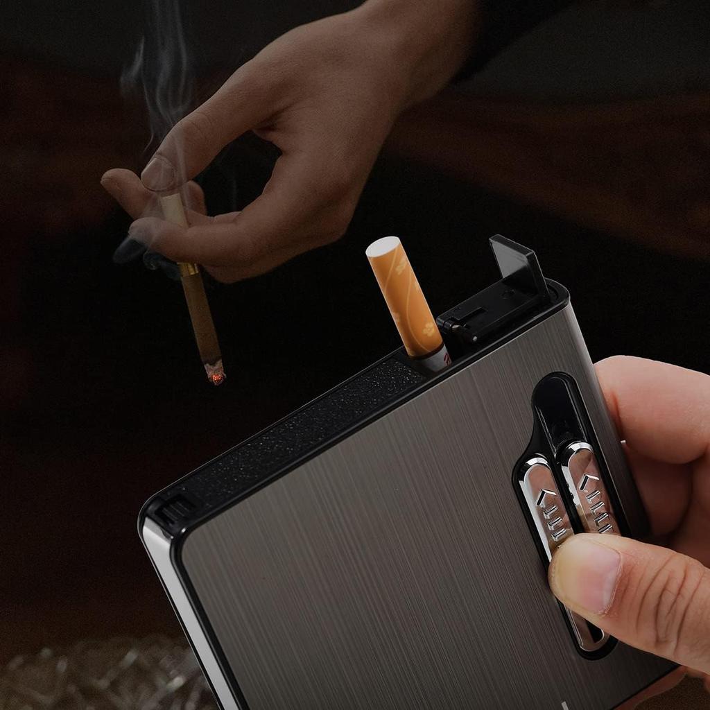 Full Pack 20 Regular Cigarettes Case Box Automatic Ejection Holder with Dual Arc Lighter USB Rechargeable, Flameless, Windproof,Moisture-Proof,Black