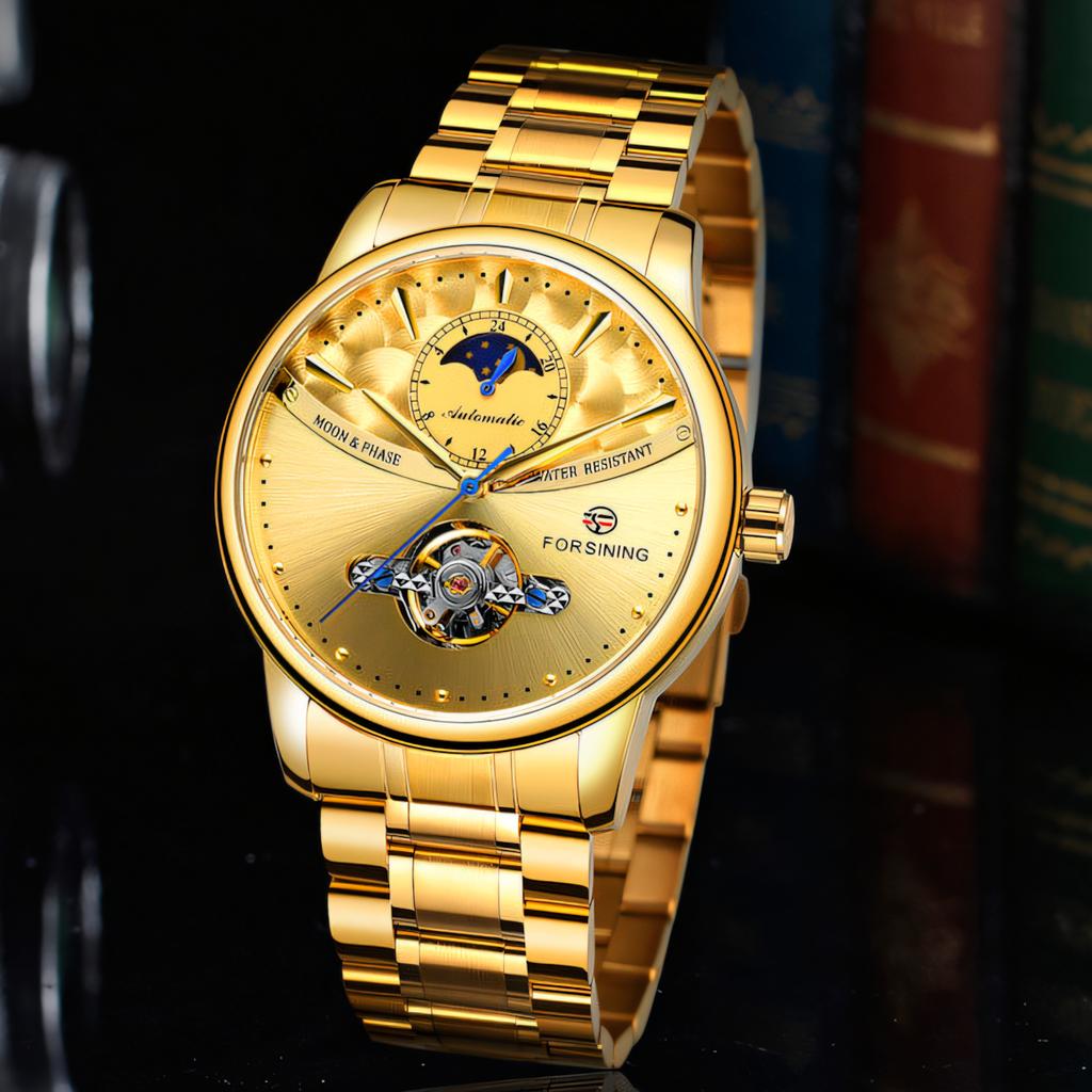Forsining Automata Férfi Karóra Holdfázis Mechanikus Tourbillon Karórák Férfiaknak Rozsdamentes Acél Alkalmi Vízálló Automata Felhúzású Karóra