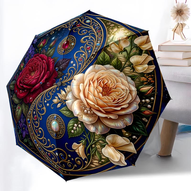 1pc Sturdy 8-Bone Auto Umbrella, Rich Red Rose Mellow Bloom Visions Umbrella, Digital Printed, Foldable Umbrella for On-the-Go Outdoor Use